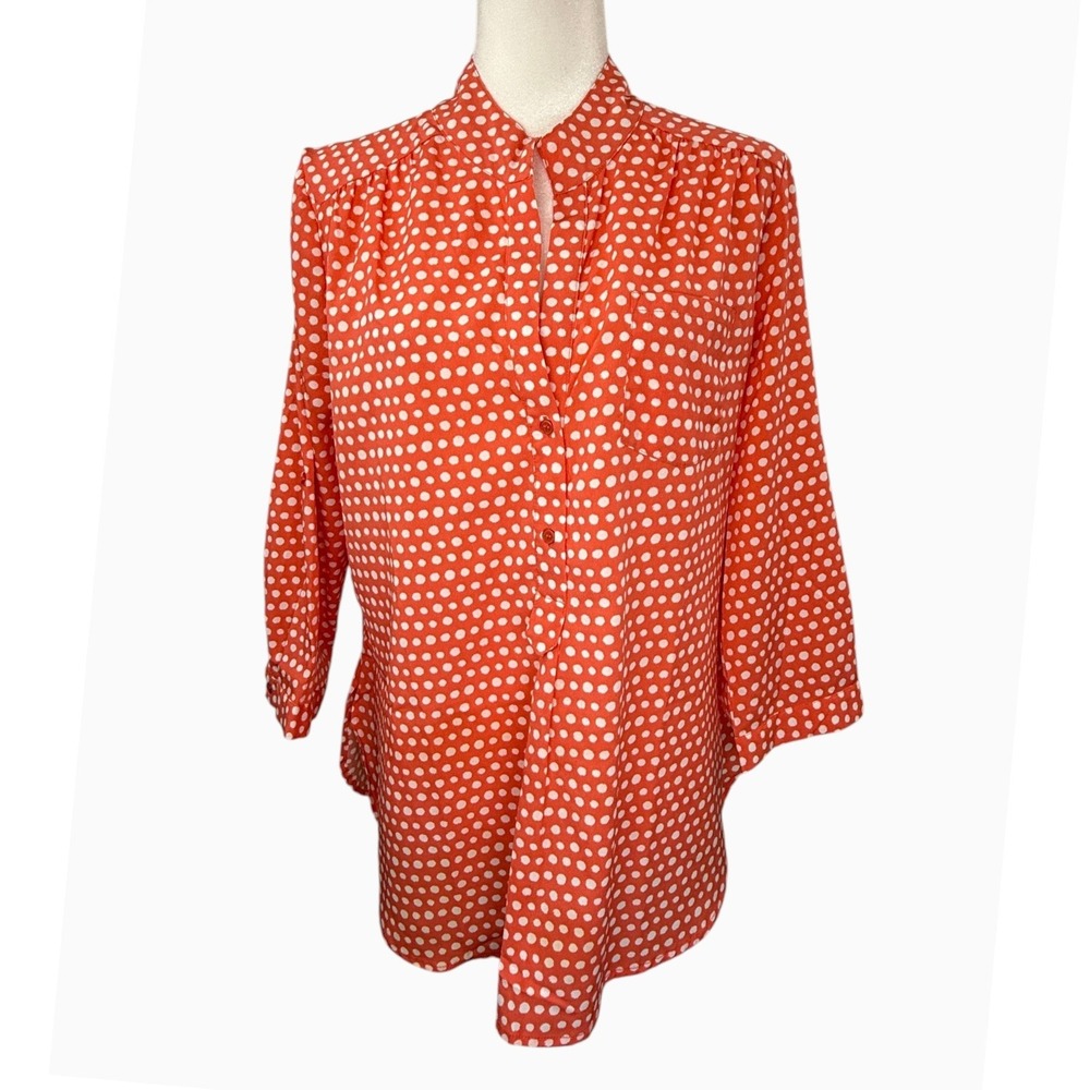 Antilia Femme Womens XL Coral Ivory Polka Dot Roll Tab Button Front Tunic Blouse